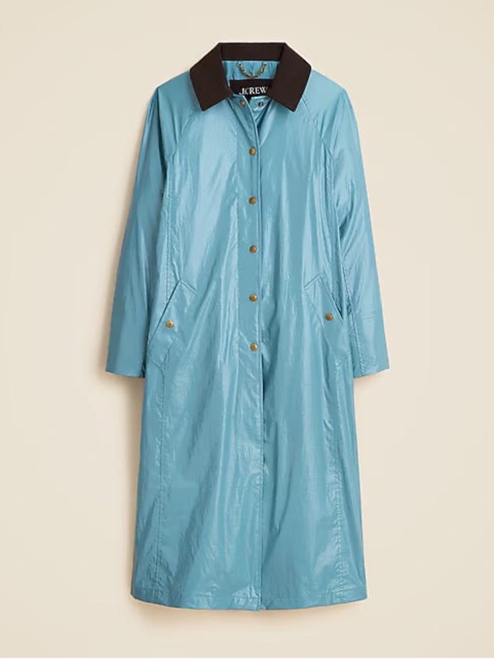 J. Crew Women's Shiny Long Barn Jacket Blue Trench Raincoat Corduroy Collar